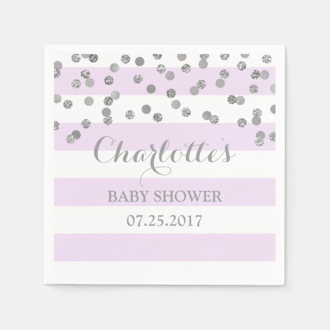 Lavendel Lila Stripe Silver Confetti Babydusche Serviette (Vorderseite)