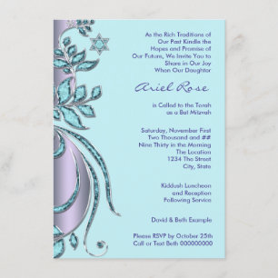 Lavendel Lila und Aquamarines Blaues Bat Mitzvah Einladung