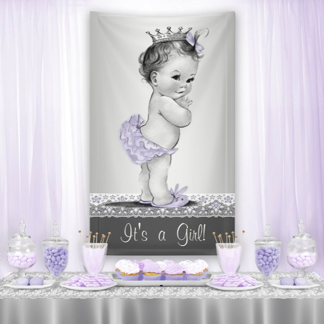 Lavendel Lila und Silver Vintag Baby Dusche Banner (Cute purple baby shower banner with adorable vintage baby girl.)