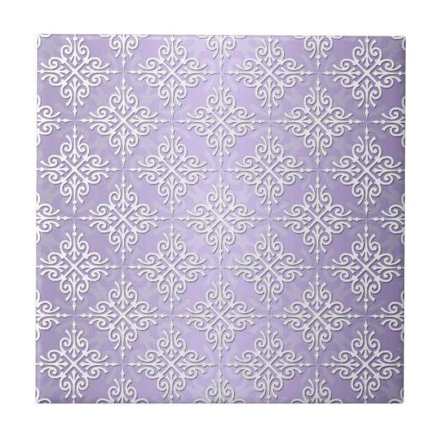 Lavendel Lila und weißer Damask Fliese (Vorderseite)