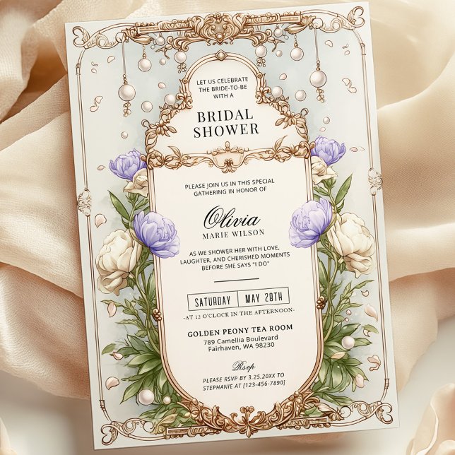 Lavendel Lila Vintages Blumengold Brautparty Einladung (Von Creator hochgeladen)