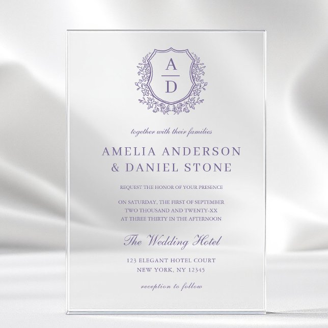 Lavendel Lila Wappen Monogramm Hochzeit Acryleinladungen (Von Creator hochgeladen)