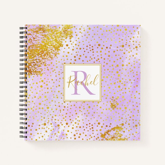Lavendel lila Wasserfarbe, Konfetti-Monogramm Notizbuch (Vorderseite)