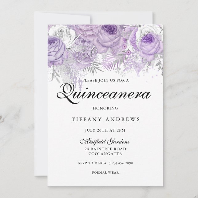 Lavendel Lila White Silver Blume Quinceanera Einladung (Vorderseite)