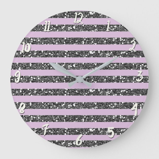 Lavendel Lilac Lila Silver Glitzer Streifen Große Wanduhr (Vorderseite)