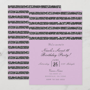 Lavendel Lilac Lila Silver Glitzer Streifen Party Einladung