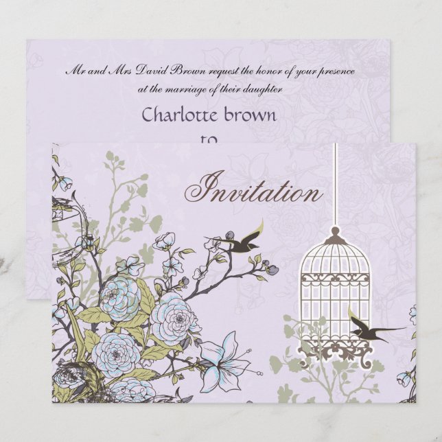 Lavendel Lilac Vintage Vogelkäfigvögel Hochzeit Einladung (Vorne/Hinten)