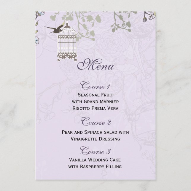 Lavendel Lilac Vintage Vogelkäfigvögel Hochzeit Menükarte (Vorderseite)