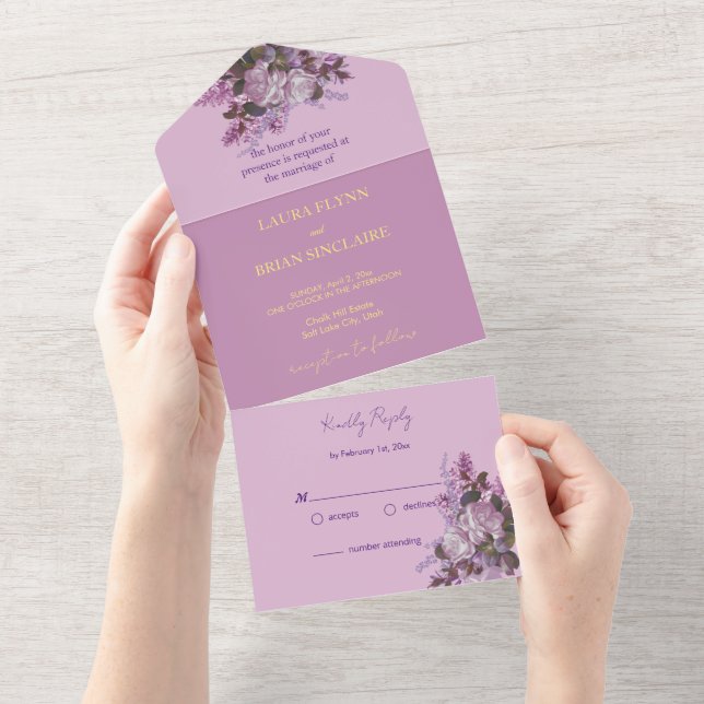 Lavendel, Lilacs, Rose, Hochzeit All In One Einladung (Abreißen)