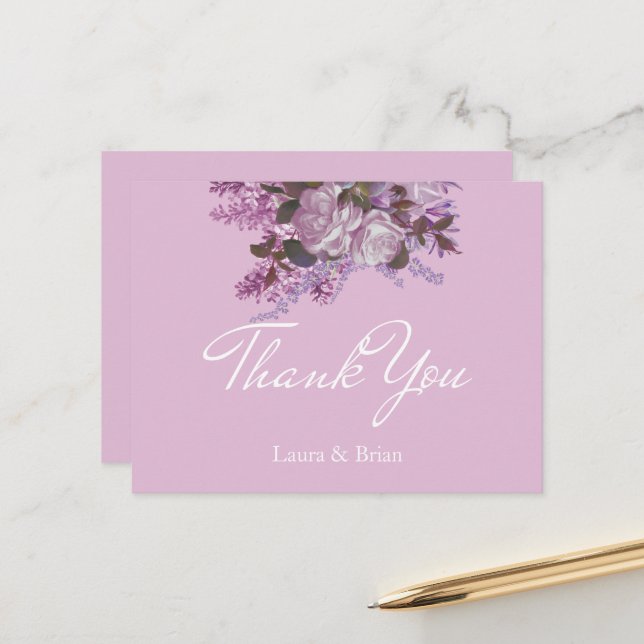 Lavendel, Lilacs, Rose, Hochzeit Danke Postkarte (Vorderseite/Rückseite Beispiel)