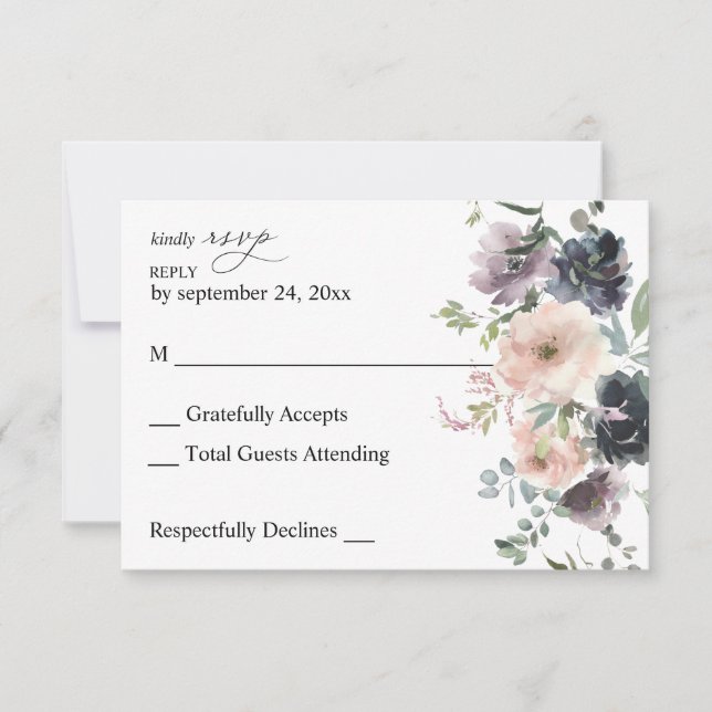 Lavendel, Marine und Blush Pink Fall Floral RSVP Karte (Vorderseite)