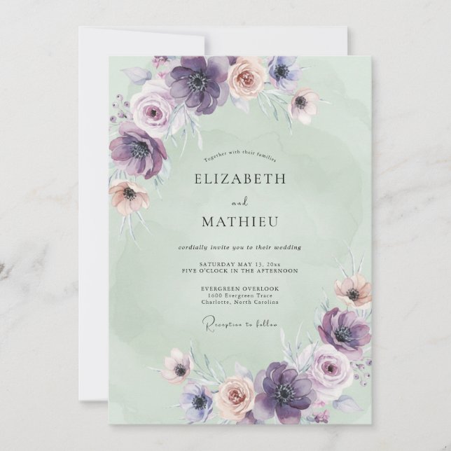 Lavendel-Mint-Anemonen-Hochzeit Einladung (Vorderseite)
