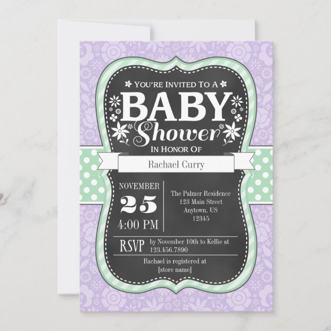 Lavendel-Minze-Kopfkarton Floral Baby-Dusche Einla Einladung (Vorderseite)