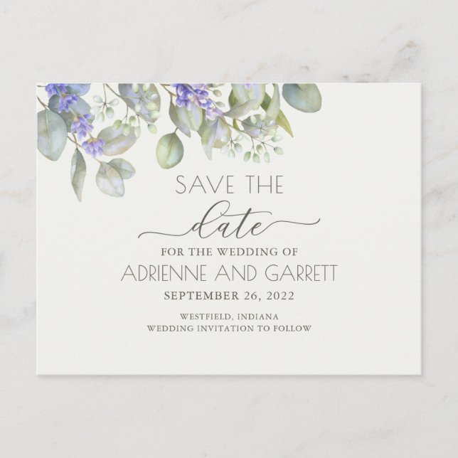 Lavendel mit Eukalyptus Save the Date Ankündigungspostkarte (Vorderseite)