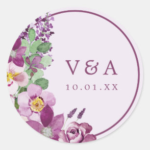 Lavendel-Monogramm-Hochzeitsaufkleber Runder Aufkleber