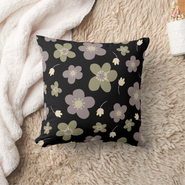 Lavendel & Olivgrün Buttercups auf schwarz Kissen (Decke)