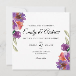 Lavendel-Orange-Blumen-Aquarell-Quadrat-Hochzeit Einladung
