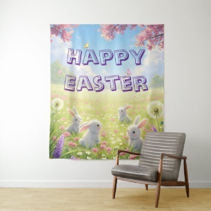 Lavendel Ostern Süßer Weißer Hase Floral Frühling Wandteppich