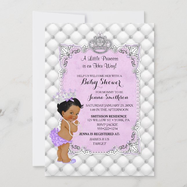 Lavendel Perlen-Diamant-ethnischer Prinzessin-Baby Einladung (Vorderseite)