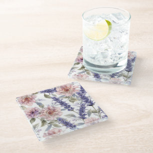 Lavendel-Pfingstrose-Wasserfarben-Blumengarten  Glasuntersetzer