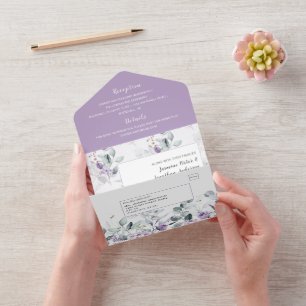 Lavendel Pfingstrosen, weiße Rosen Florale Hochzei All In One Einladung