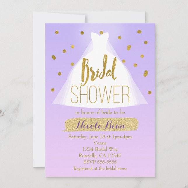 Lavendel Pink & Gold Brautparty Hochzeitskleid Einladung (Vorderseite)