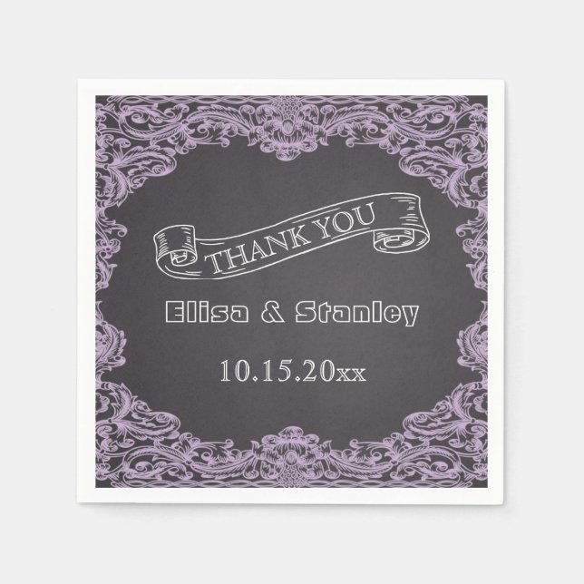 Lavendel Rahmen und Tafel Hochzeit Danke Serviette (Vorderseite)