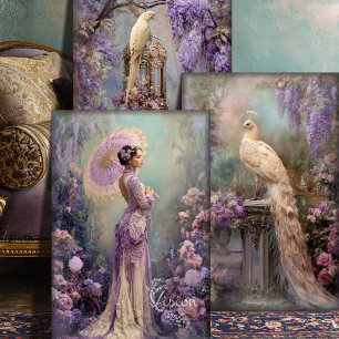 Lavendel-Romanze Vintage-Fantasie-Porträt & Vögel Geschenkpapier Set