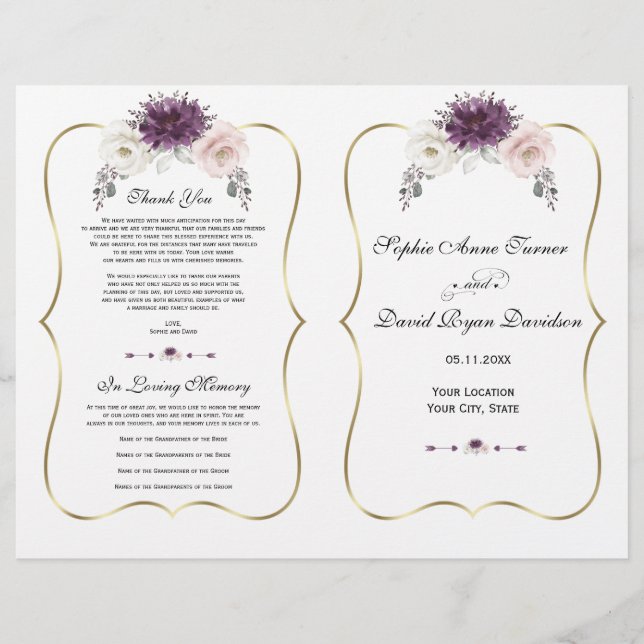 Lavendel Rosa White Floral Gold Hochzeitsprogramm (Vorderseite)