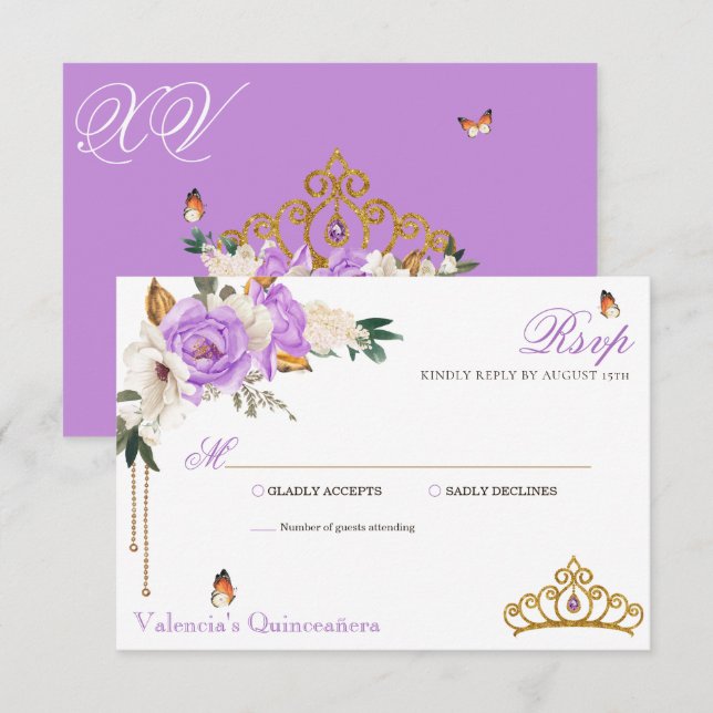Lavendel Rose Gold Gemstone Tiara Quinceanera RSVP Karte (Vorne/Hinten)