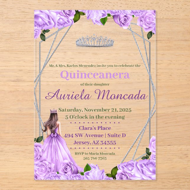 Lavendel Rose Quinceanera Acryleinladungen (Vorderseite)
