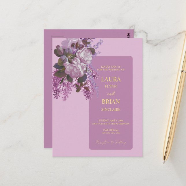 Lavendel, Rose und Lilacs, Budget Wedding Postkarte (Vorderseite/Rückseite Beispiel)