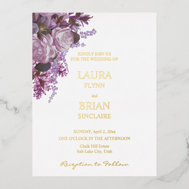 Lavendel, Rose und Lilacs, Hochzeit Folie Einladungspostkarte (Vorderseite)