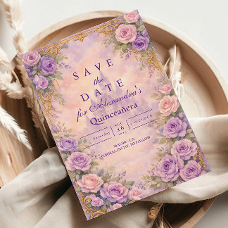 Lavendel-Roségold-Garten-Quinceañera Save The Date
