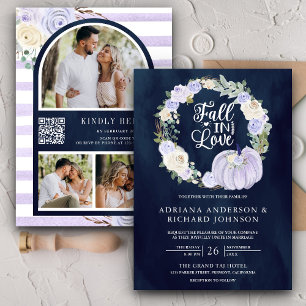 Lavendel-Rosen-Kürbis-Foto-QR-Code-Navy-Hochzeit Einladung