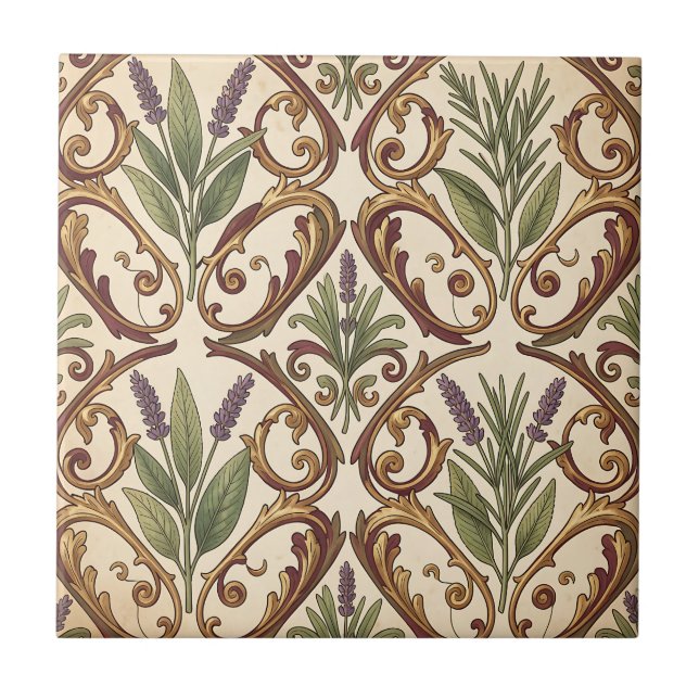 Lavendel-Rosmarin-Gold-Rollenmuster  Fliese (Vorderseite)