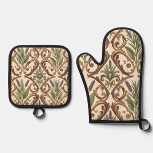 Lavendel-Rosmarin-Gold-Rollenmuster Ofenhandschuh & Topflappen-Set