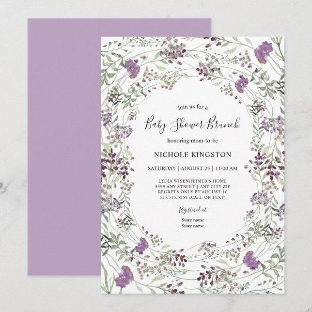Lavendel Sage Wildblume Babydusche Brunch Einladung (Vorne/Hinten)
