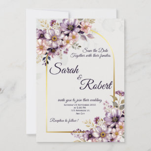 Lavendel Schimmer Florales Goldenes Bogen Hochzeit Einladung