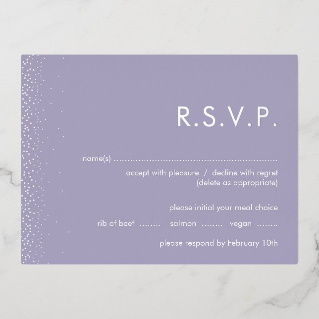 Lavendel Schimmer Folie Hochzeit RSVP Postkarte (Vorderseite)