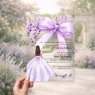 Lavendel-Schleifen-Blumenkleid klar Quinceanera Acryleinladungen