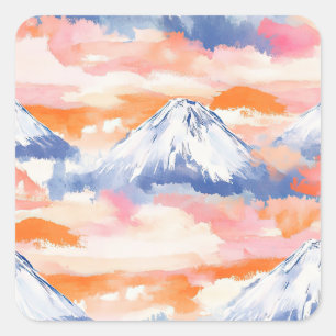 Lavendel-Schneebedeckte-Berglandschaft-Aquarell Quadratischer Aufkleber