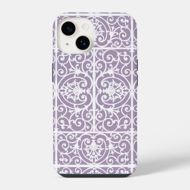 Lavendel-Scrollwork-Muster iPhone 14 Hülle (Rückseite)