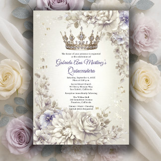Lavendel Silber-Kronen-Blumen-Quinceañera Einladung