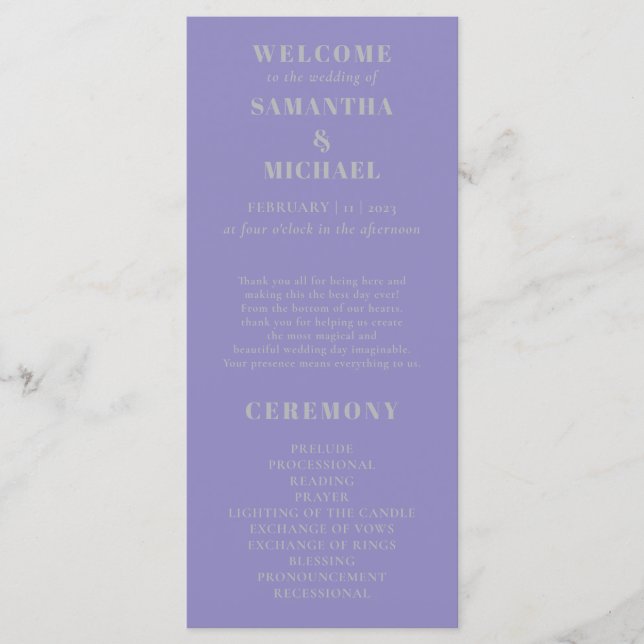 Lavendel Silber minimal modernes Programm Hochzeit (Vorderseite)