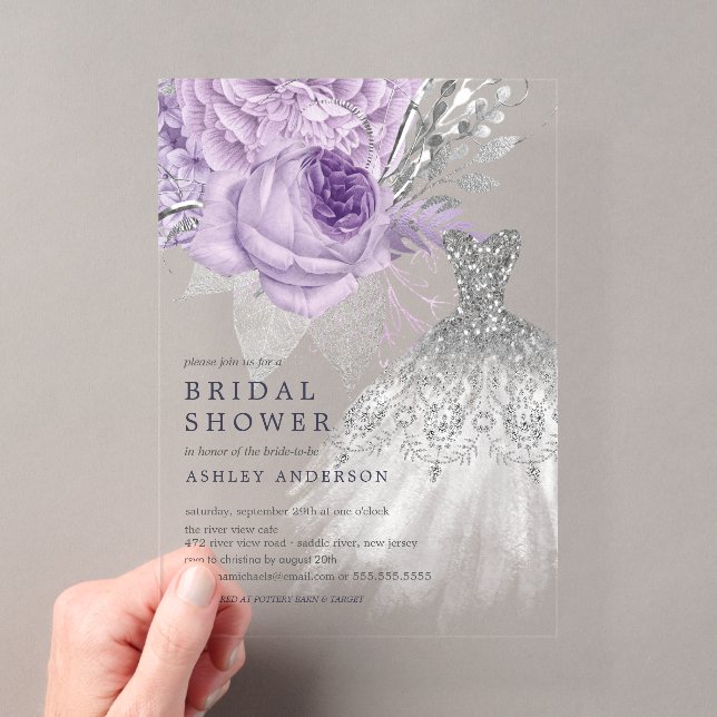 Lavendel Silver Floral Wedding Dress Brautparty Acryleinladungen (Insitu (Handheld))