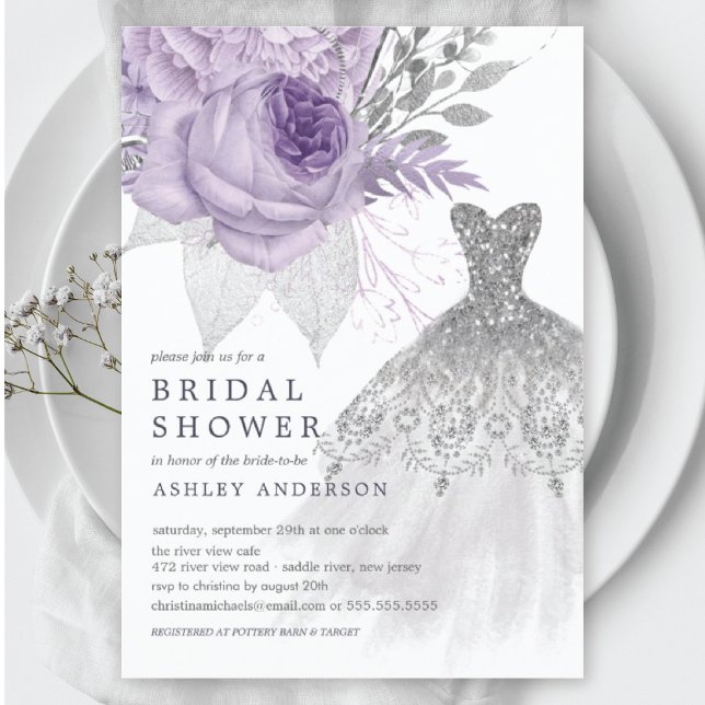 Lavendel Silver Floral Wedding Dress Brautparty Einladung (Von Creator hochgeladen)