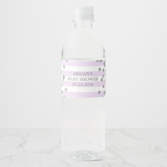 Lavendel Streifen Silver Confetti Babydusche Etike (Vorderseite)
