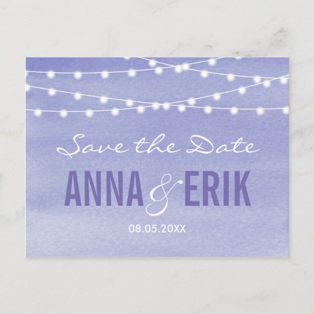 Lavendel Stringleuchten Save the Date Ankündigungspostkarte (Vorderseite)