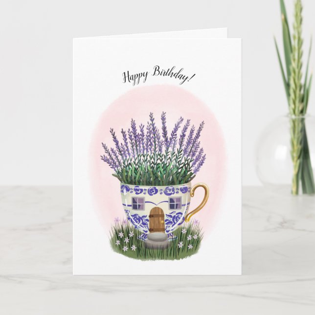 Lavendel Teacup Hütte Geburtstagskarte Karte (Vorderseite)